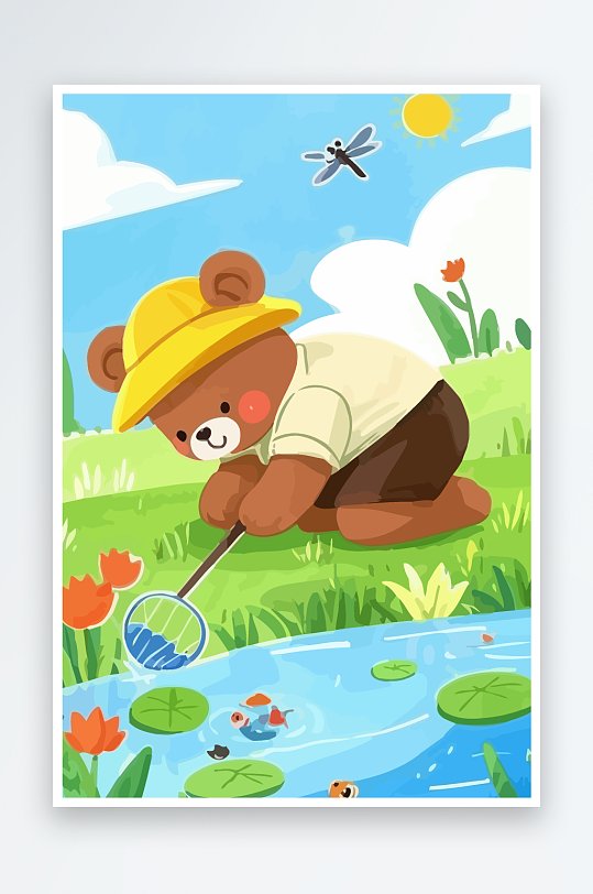 Q版彩绘捞鱼的小熊插画元素-众图网