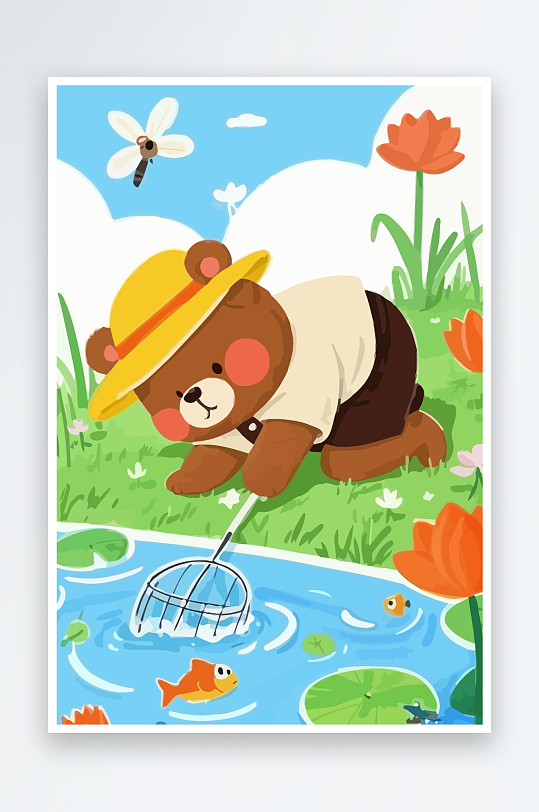 Q版彩绘捞鱼的小熊插画-众图网