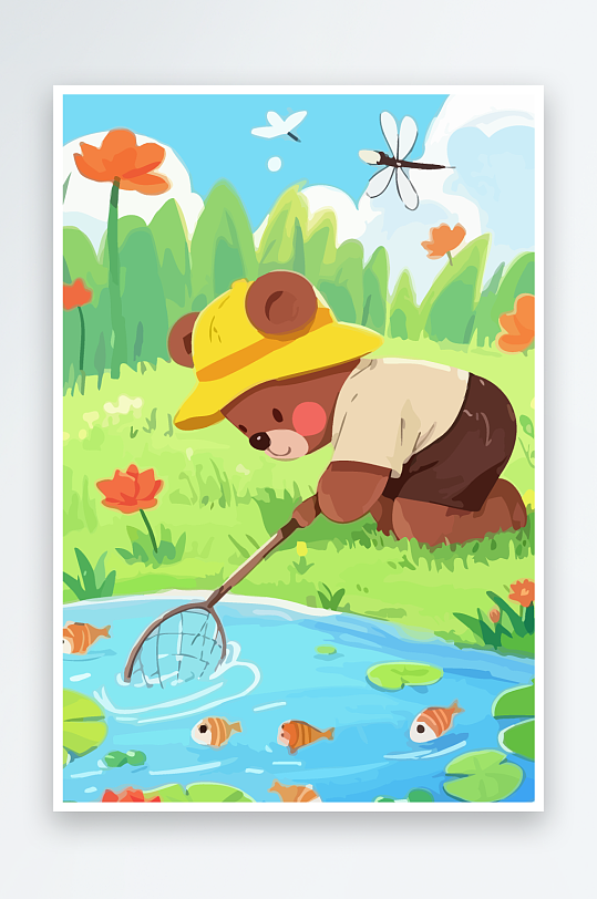 Q版彩绘捞鱼的小熊插画-众图网