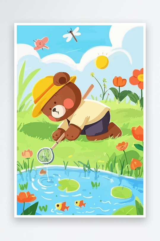 Q版彩绘捞鱼的小熊插画-众图网