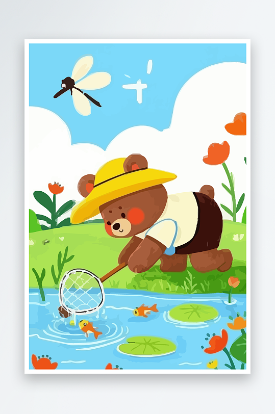 Q版彩绘捞鱼的小熊插画-众图网