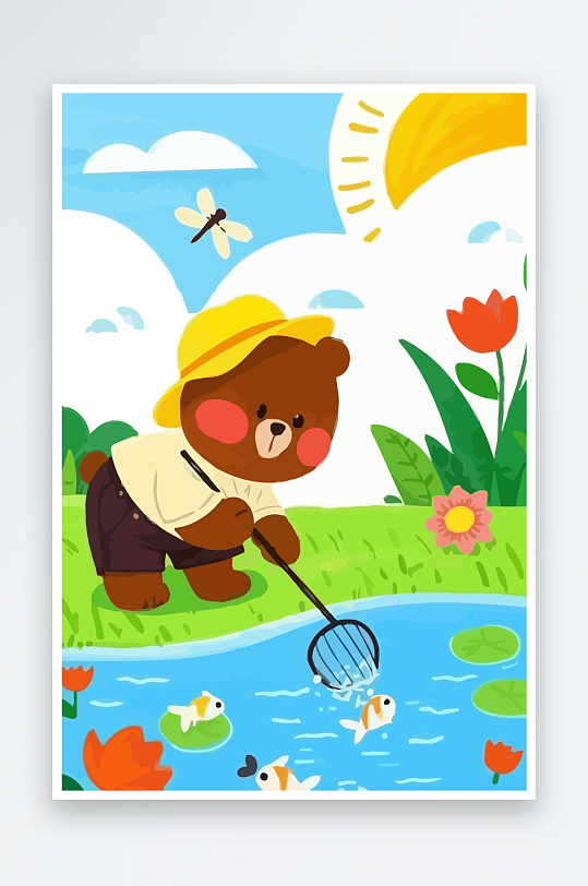 Q版彩绘捞鱼的小熊插画-众图网