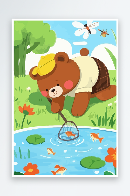 Q版彩绘捞鱼的小熊插画-众图网