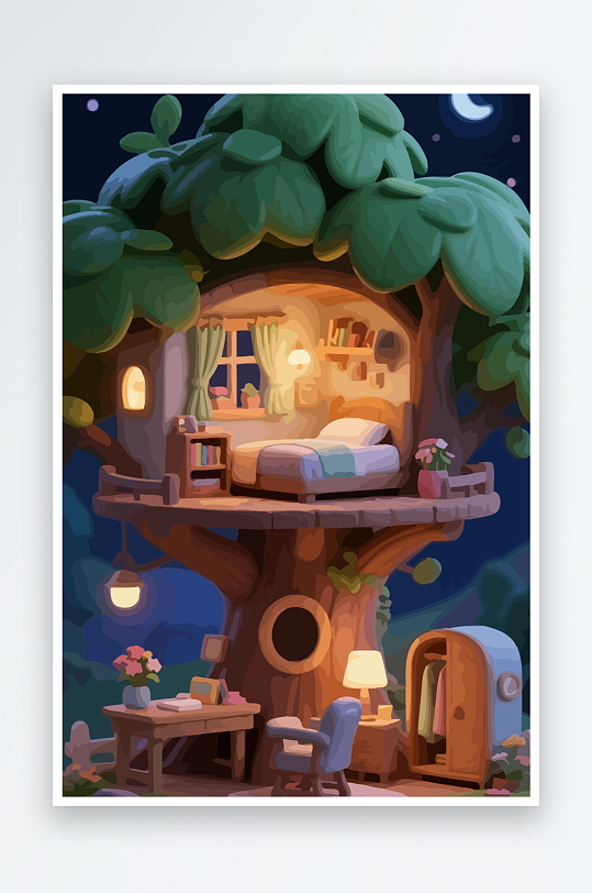 Q版森林中的树屋-众图网