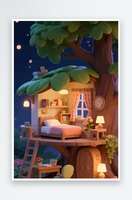 Q版森林中的树屋-众图网