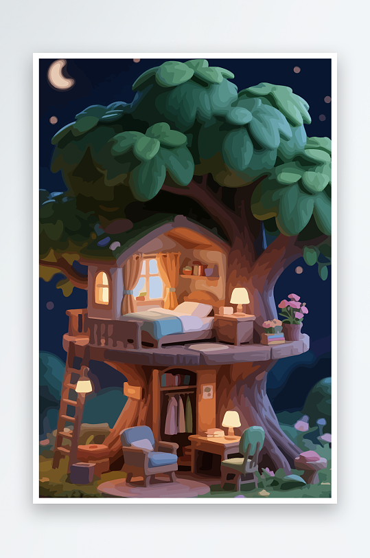 Q版森林中的树屋-众图网