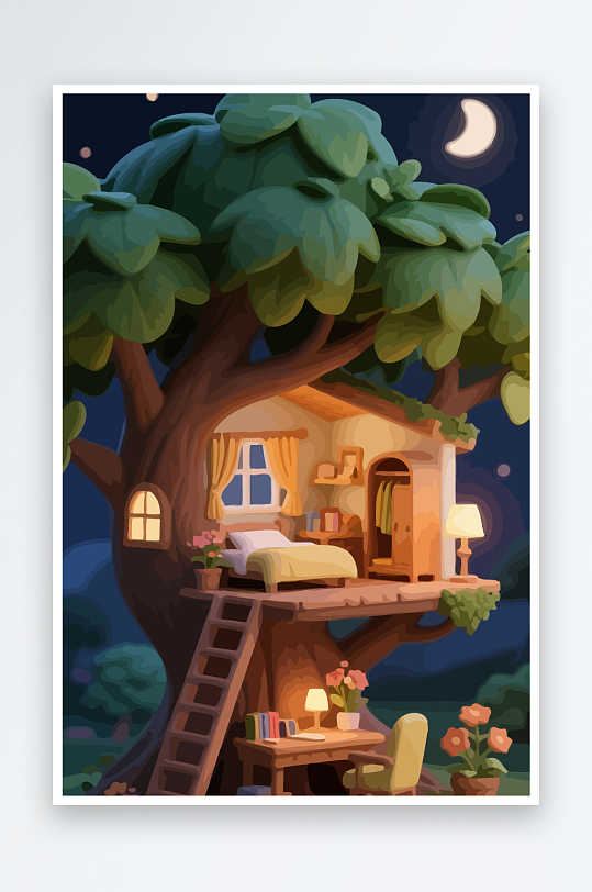 Q版森林中的树屋-众图网