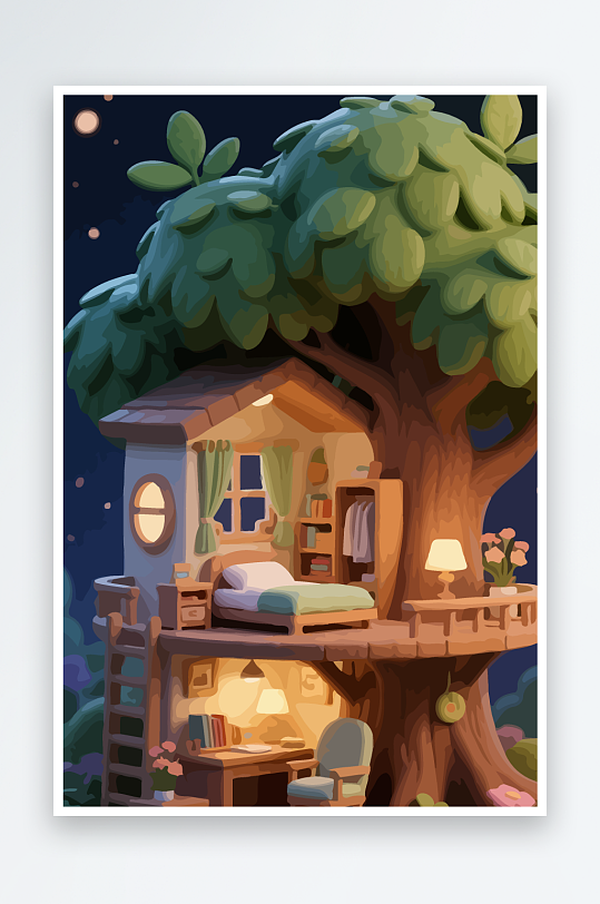 Q版森林中的树屋-众图网