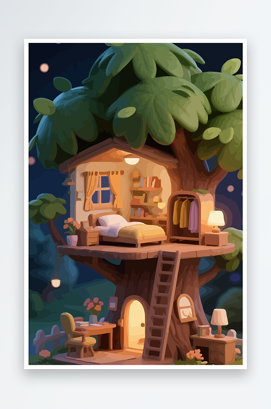 Q版森林中的树屋-众图网