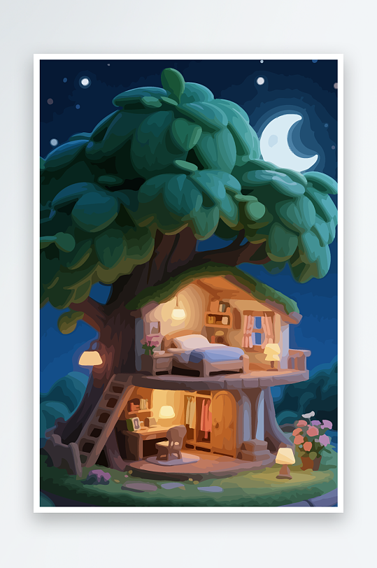 Q版森林中的树屋-众图网