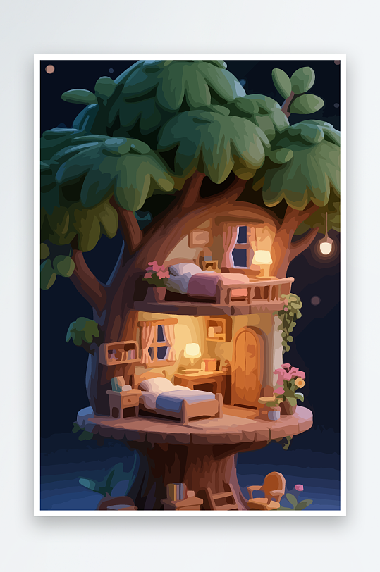 Q版森林中的树屋元素-众图网