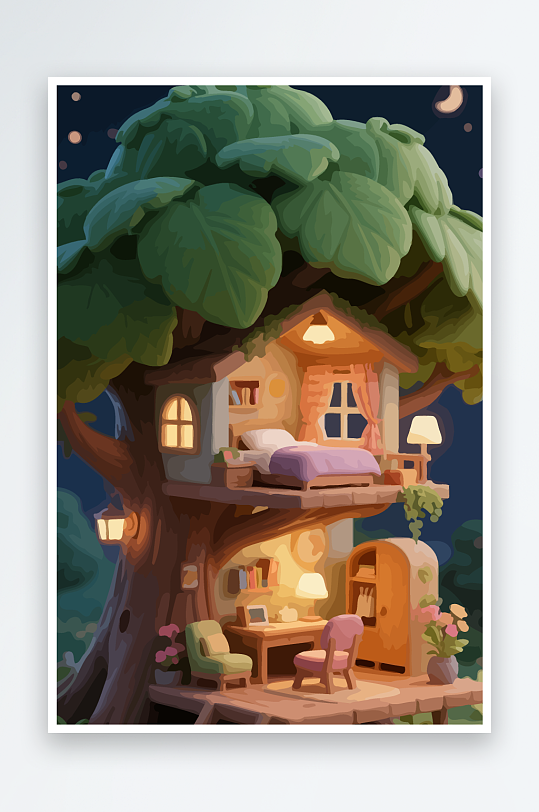 Q版森林中的树屋元素-众图网