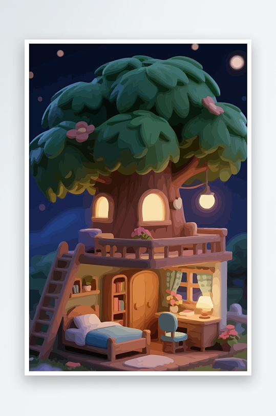 Q版森林中的树屋元素-众图网