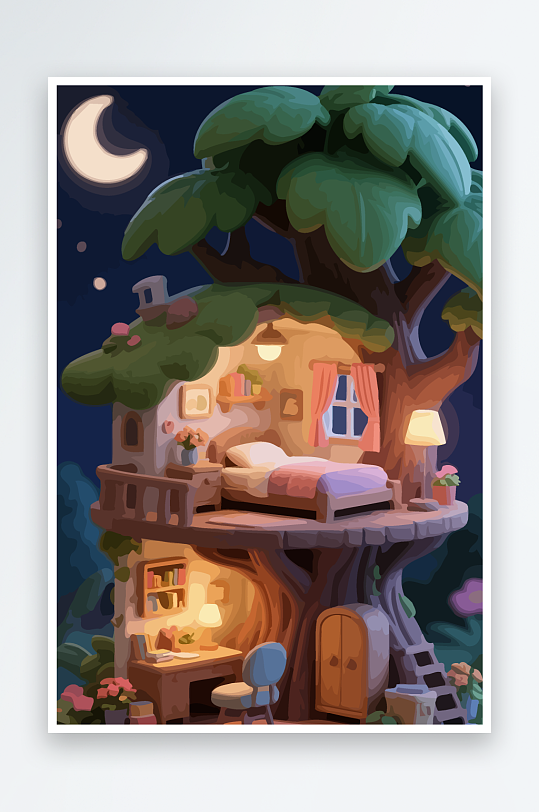 Q版森林中的树屋元素-众图网