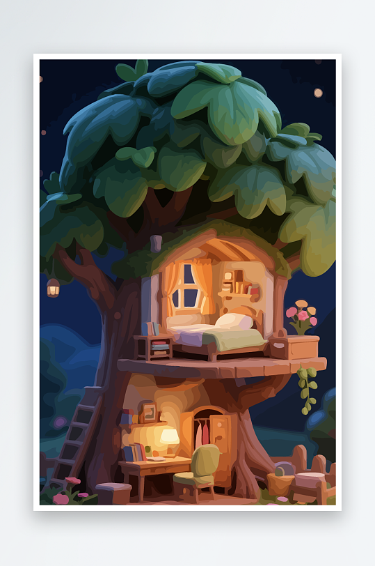 Q版森林中的树屋元素-众图网