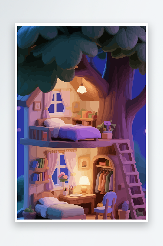 Q版森林中的树屋元素-众图网