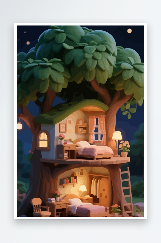 Q版森林中的树屋-众图网