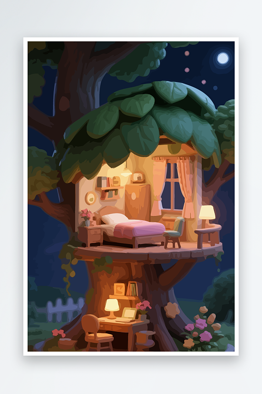 Q版森林中的树屋-众图网