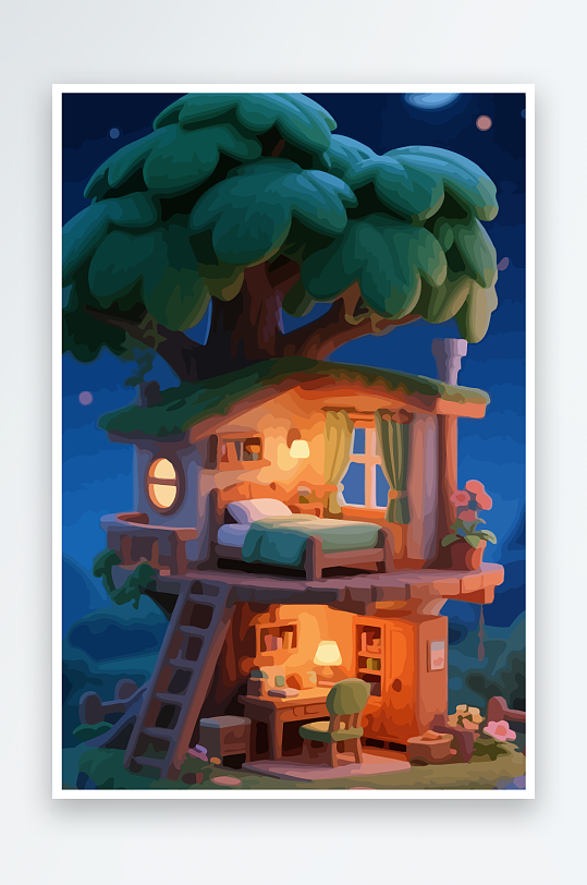 Q版森林中的树屋-众图网