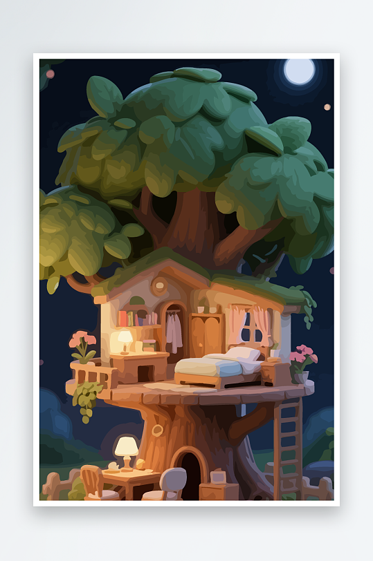 Q版森林中的树屋-众图网