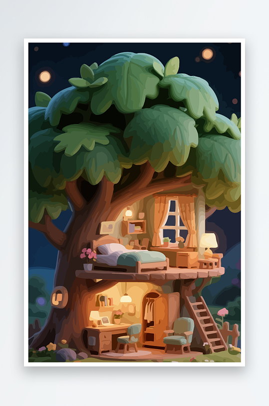 Q版森林中的树屋-众图网