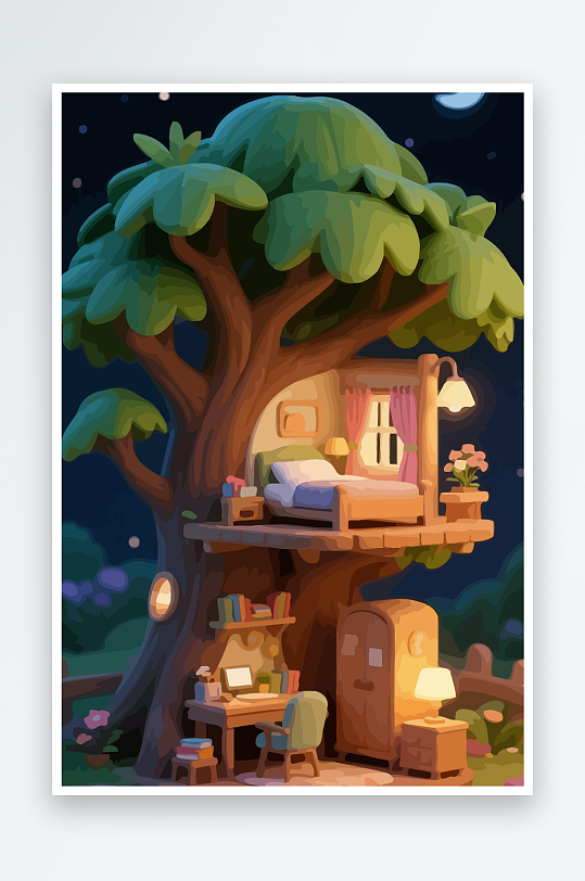Q版森林中的树屋-众图网
