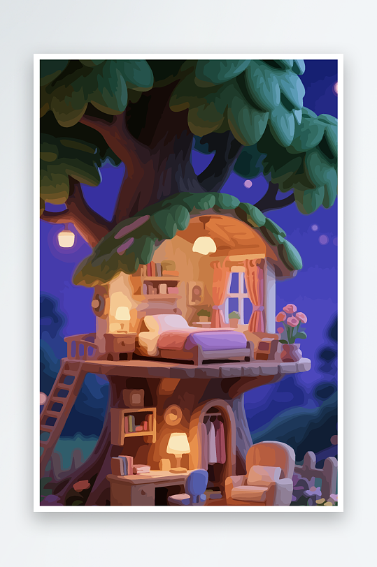 Q版森林中的树屋-众图网