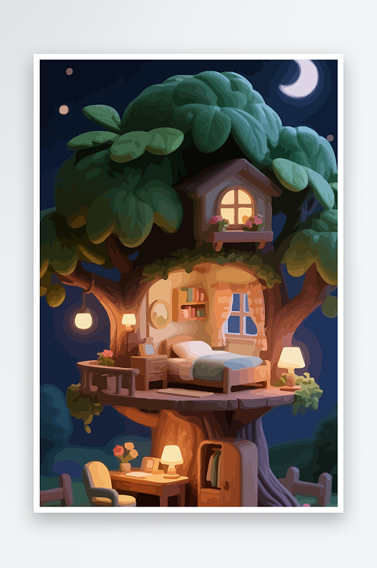 Q版森林中的树屋元素-众图网