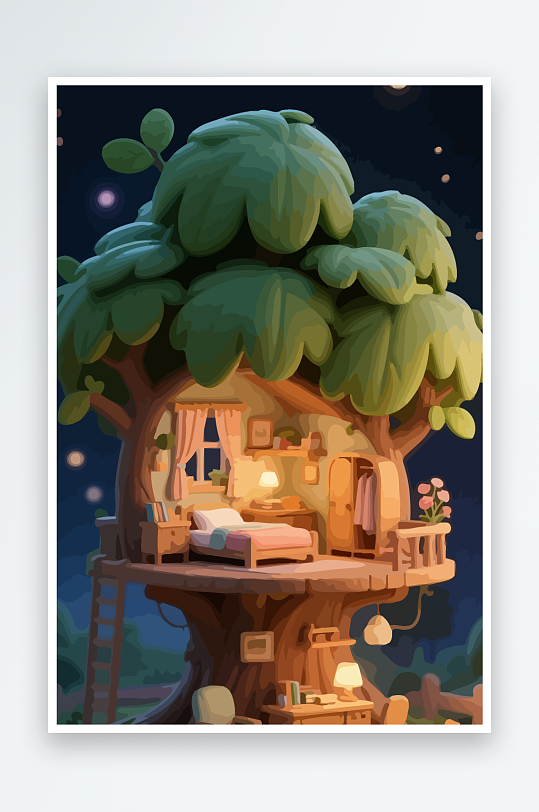 Q版森林中的树屋元素-众图网