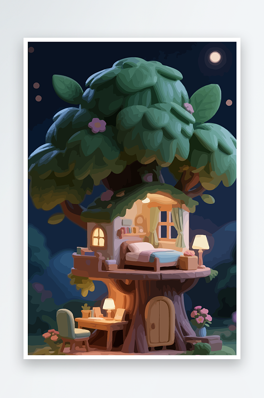 Q版森林中的树屋元素-众图网