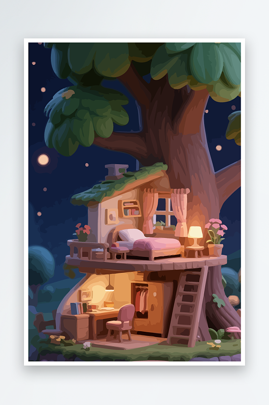 Q版森林中的树屋元素-众图网