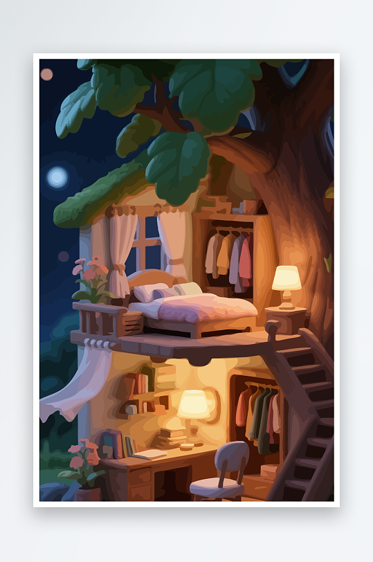 Q版森林中的树屋元素-众图网