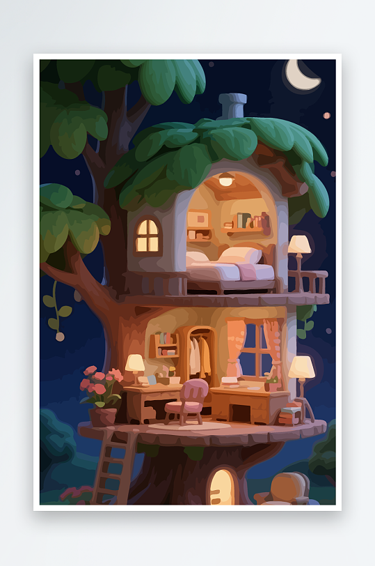 Q版森林中的树屋元素-众图网