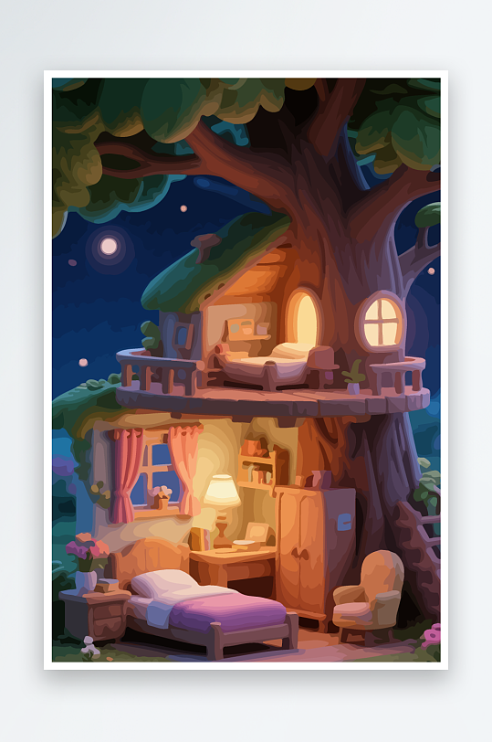 Q版森林中的树屋元素-众图网