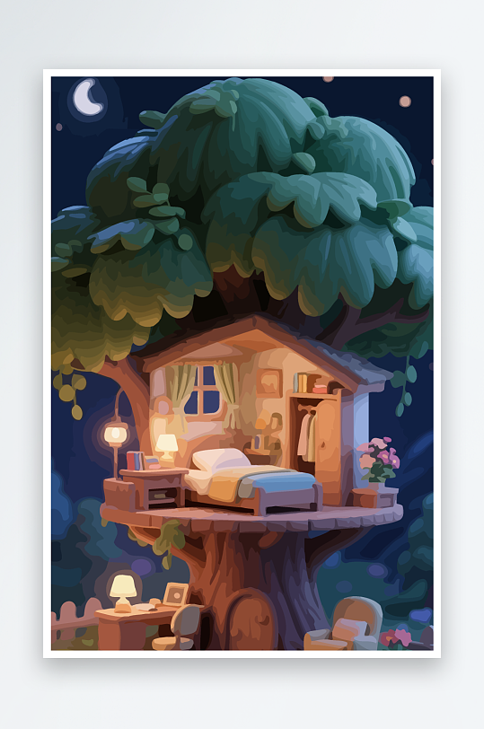 Q版森林中的树屋元素-众图网