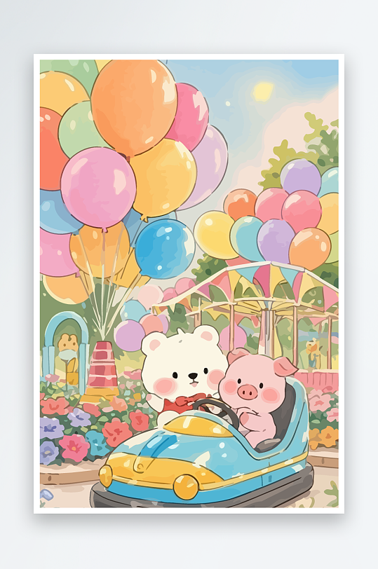 Q版游乐城开碰碰车的小猪-众图网