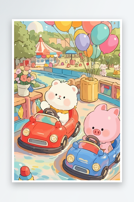 Q版游乐城开碰碰车的小猪-众图网