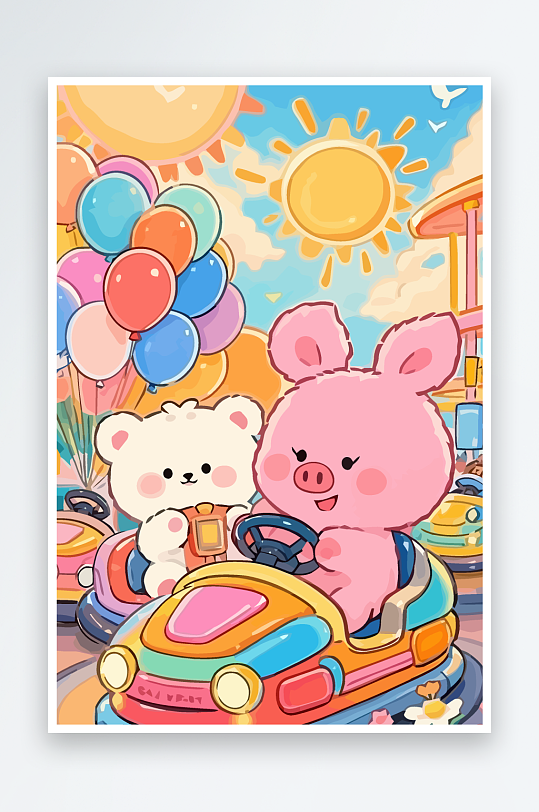 Q版游乐城开碰碰车的小猪-众图网