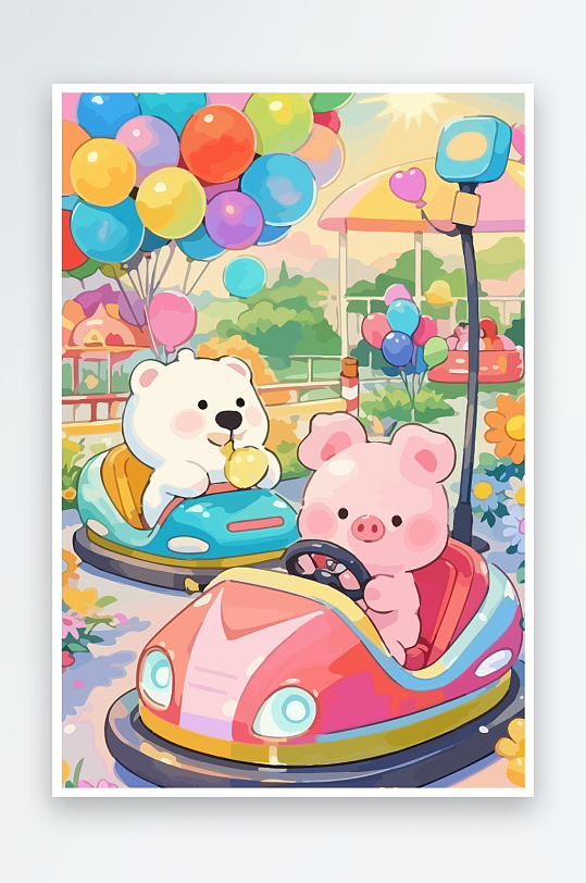 Q版游乐城开碰碰车的小猪-众图网