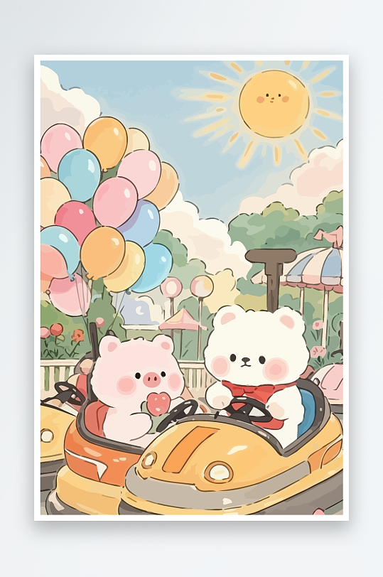 Q版游乐城开碰碰车的小猪-众图网