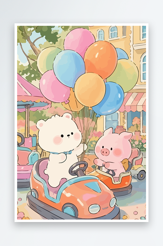 Q版游乐城开碰碰车的小猪-众图网