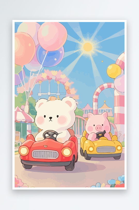 Q版游乐城开碰碰车的小猪-众图网