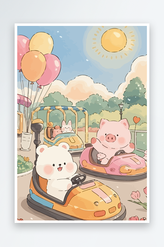 Q版游乐城开碰碰车的小猪-众图网