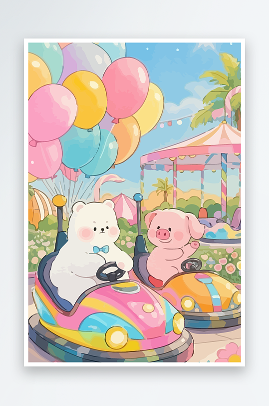 Q版游乐城开碰碰车的小猪-众图网