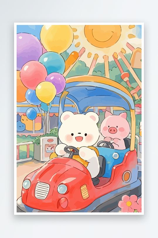 Q版游乐城开碰碰车的小猪-众图网