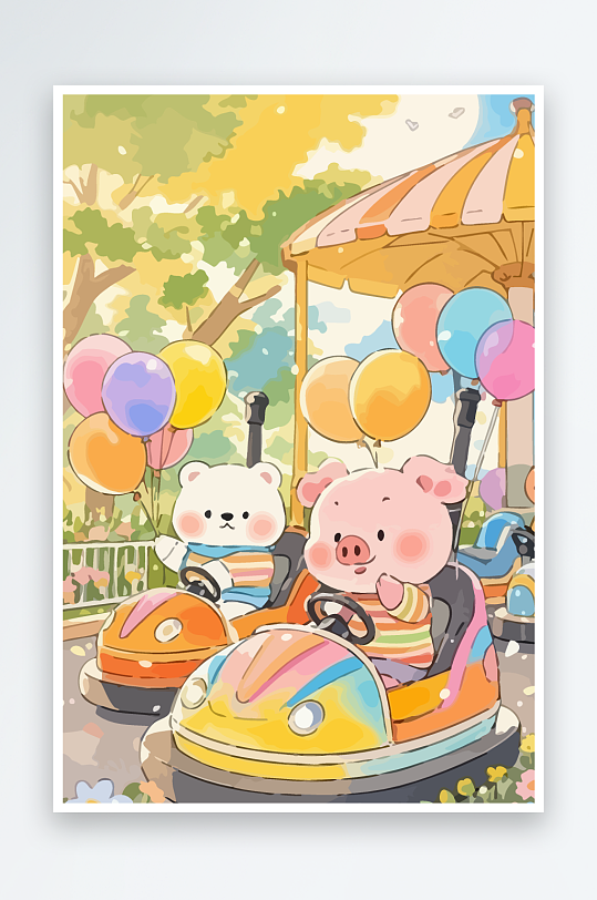 Q版游乐城开碰碰车的小猪-众图网