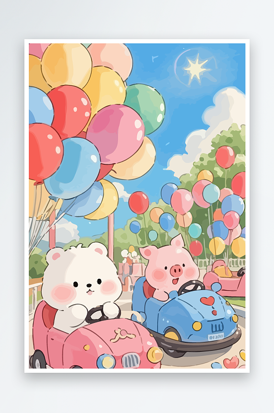 Q版游乐城开碰碰车的小猪-众图网