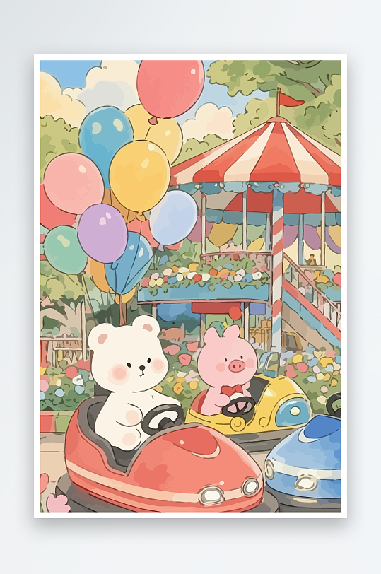 Q版游乐城开碰碰车的小猪-众图网