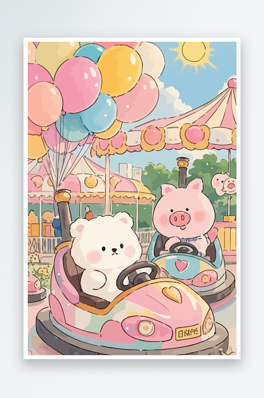 Q版游乐城开碰碰车的小猪-众图网