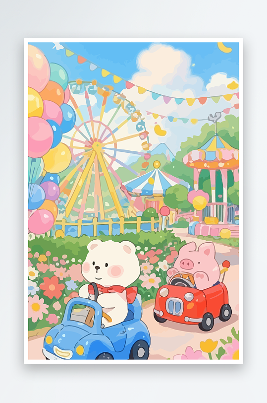 Q版游乐城开碰碰车的小猪-众图网